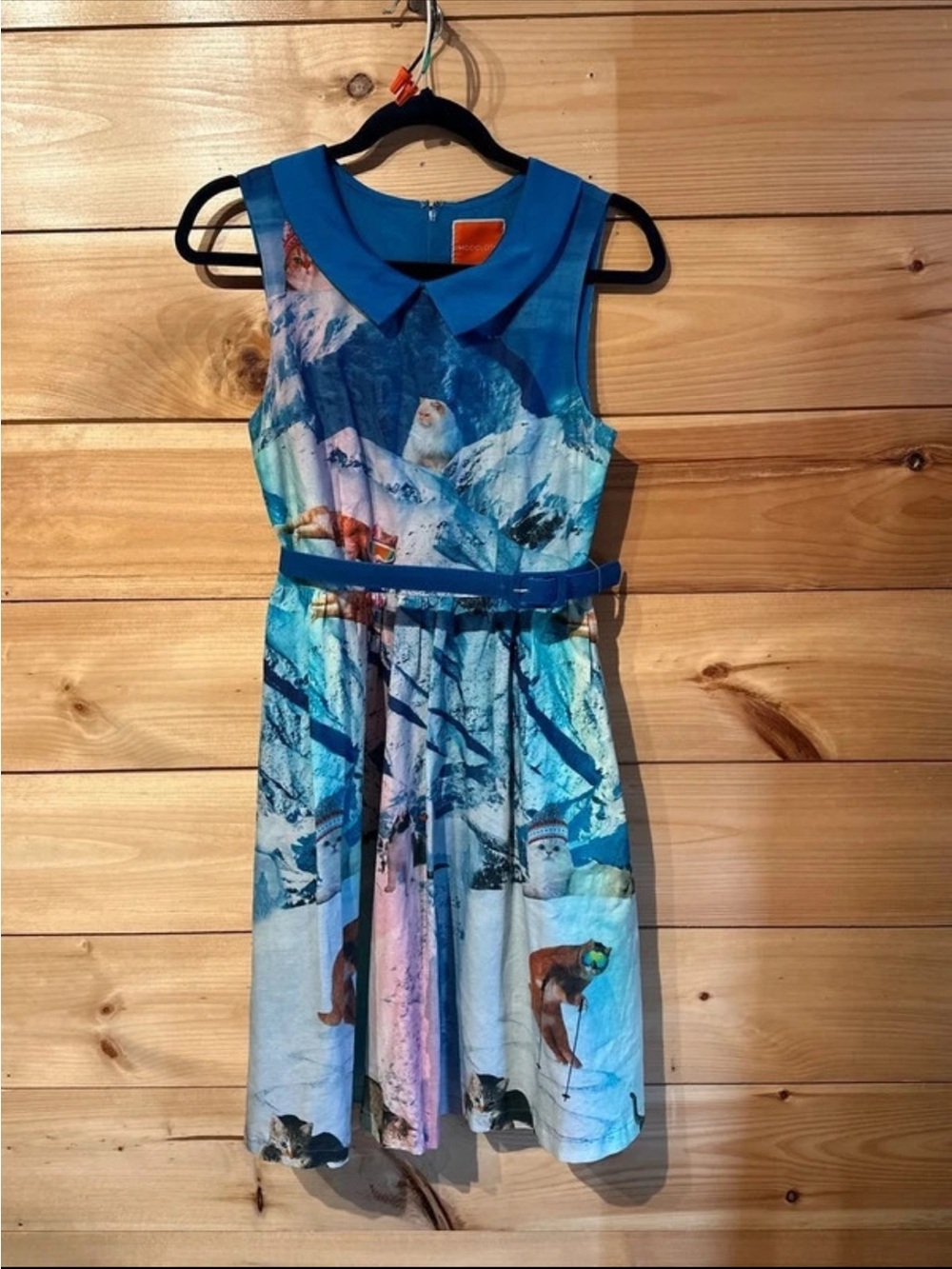 ModCloth Blue Cat Scene Print Fit & Flare Dress